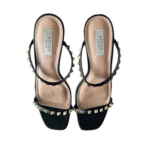 Steven New York Jacee Sandal Black Gold Studded Heels - Picture 2 of 9